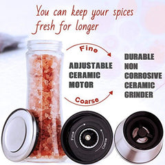 Salt and Pepper Grinder Set -Dry Spice Mill-Brushed Stainless Steel Glass- Pepper Mill and Salt Mill-Adjustable Ceramic Motor-Peppercorns Sea Salt-Fine and Coarse Ground by Surround Point