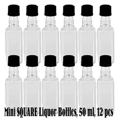 Mini SQUARE Plastic Alcohol 50ml Liquor Bottle Shots + Caps (12)