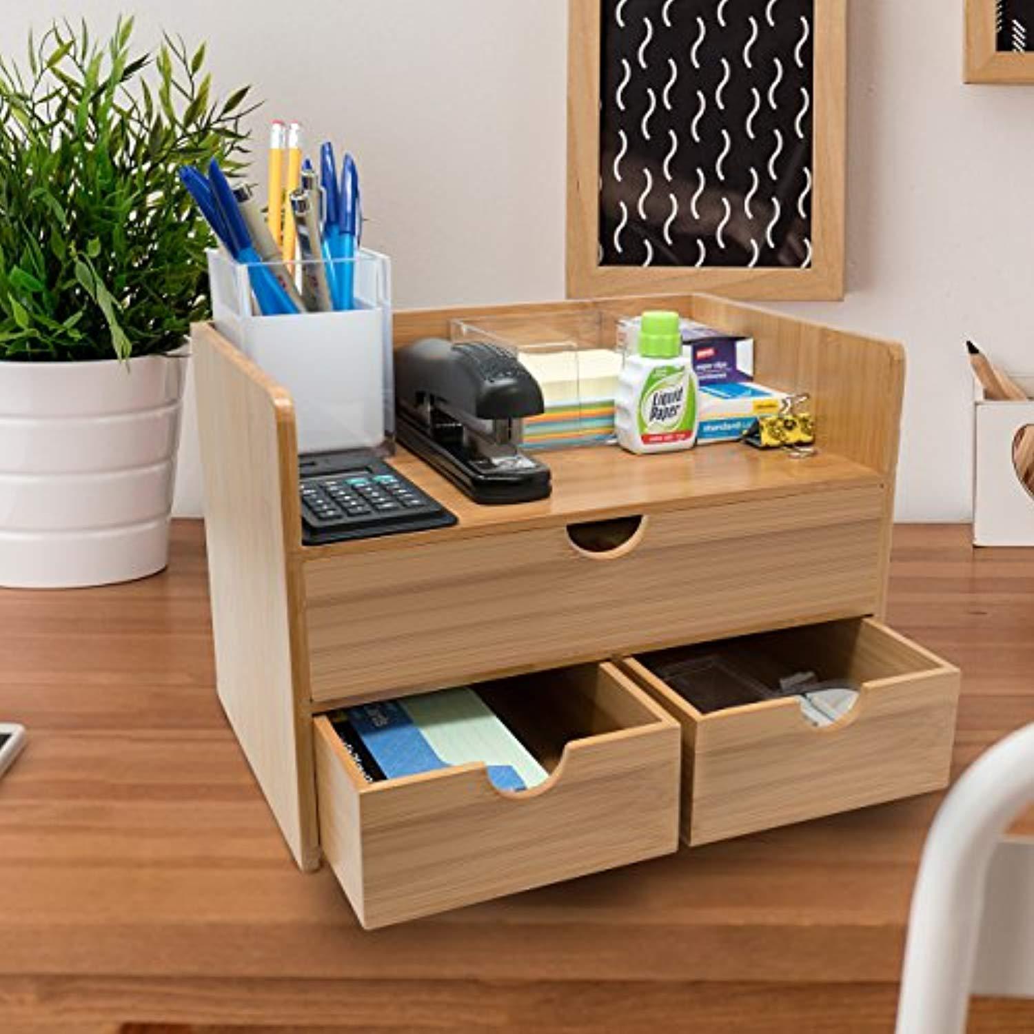 Sorbus 3-Tier Bamboo Shelf Organizer for Desk with Drawers — Mini Desk Storage for Office Supplies, Toiletries, Crafts, etc — Great for Desk, Vanity, Tabletop in Home or Office