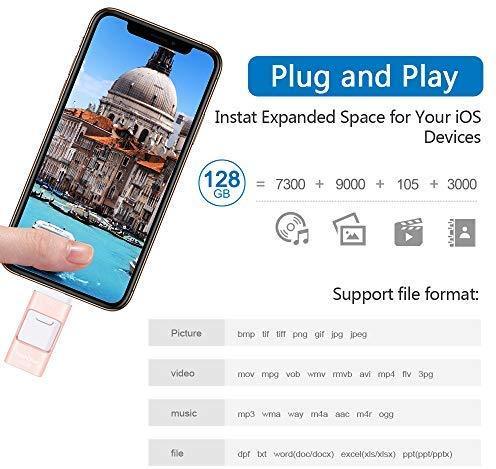 Sunany Flash Drive for iPhone 128GB, Lightning Memory Stick External Storage for iPhone/PC/iPad/Android and More Devices with USB Port (128GB Pink)