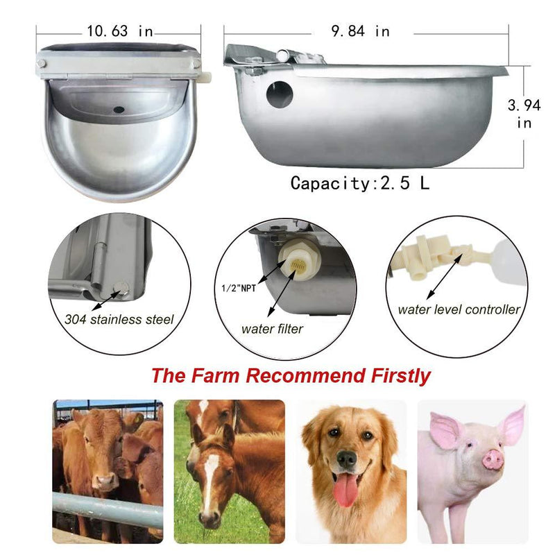 HiCamer Automatic Cow Drinking Water Bowl Dispenser 304 Stainless Steel Farm Livestock Animals Waterer for Pigs Horse Cattle Goat Sheep Dog with 2 Float Ball Valves