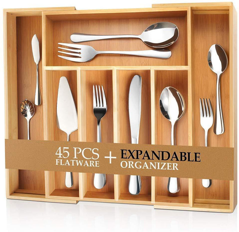 24-Piece Silverware Teivio Set, Flatware Set Mirror Polished, Dishwasher Safe Service for 4, Include Knife/Fork/Spoon with Bamboo 5-Compartment Silverware Drawer Organizer Box