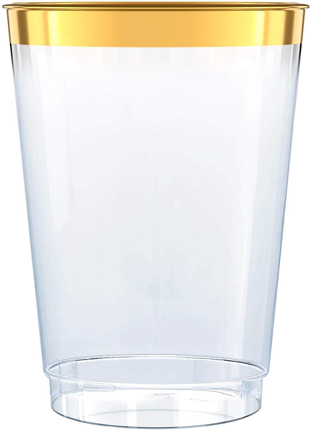 Gold Plastic Clear Cups ~14 oz. 50 Pack ~ Disposable Party Cups with Gold Rim ~ Fancy Wedding Tumblers ~ Elegant Party Supplies & Decorations ~ Gold Rimmed Cup