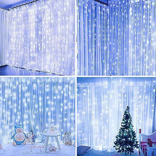 Juhefa Curtain Lights, USB Powered Fairy Lights String,IP64 Waterproof & 8 Modes Twinkle Lights for Parties, Bedroom Wedding,Valentines' Day Wall Decorations (300 LEDs,9.8x9.8Ft, Warm White)