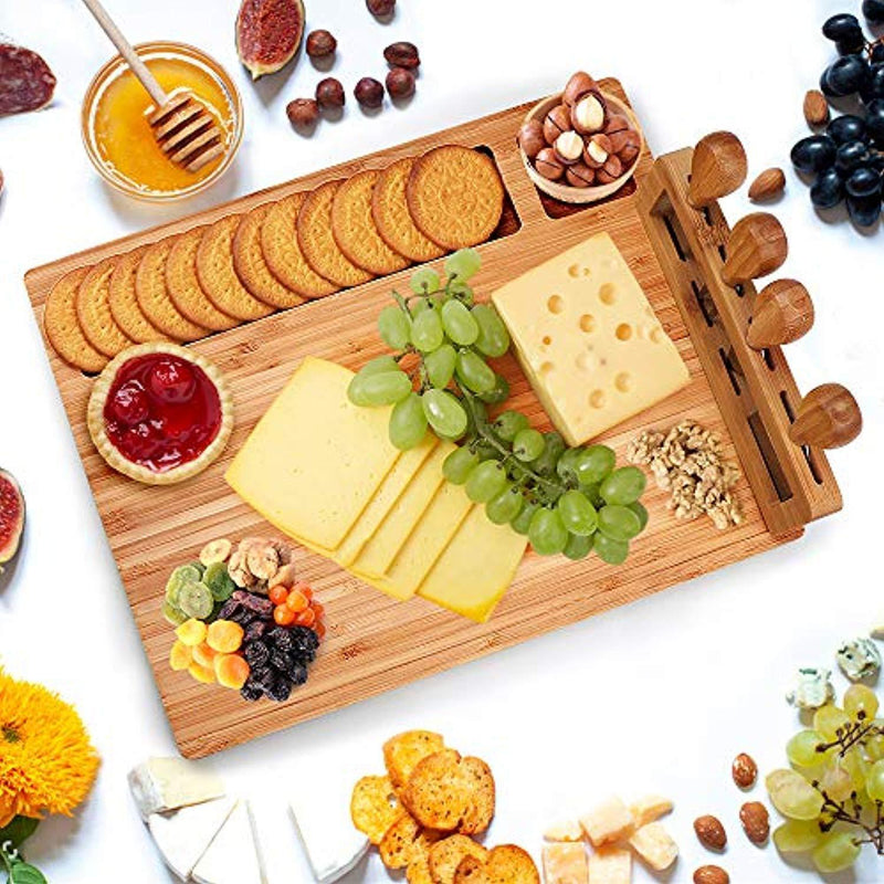 Bamboo Cheese Board Set, Charcuterie Platter and Serving Meat Board Including 4 Stainless Steel Knife and Serving Utensils, Unique Gifts for Christmas Wedding Birthday Anniversary(14''x11'')