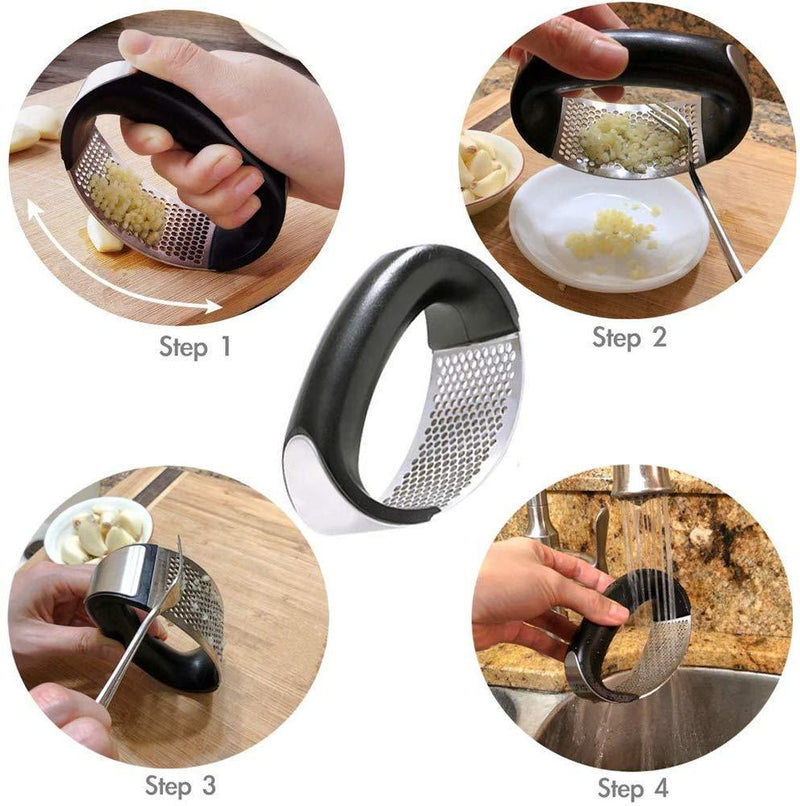 MISSALIS Garlic Press Rocker, Stainless Steel Garlic Mincer Crusher with Comfortable Handle, Safe to Squeeze & Easy Clean, Silicone Garlic Peeler Set Included