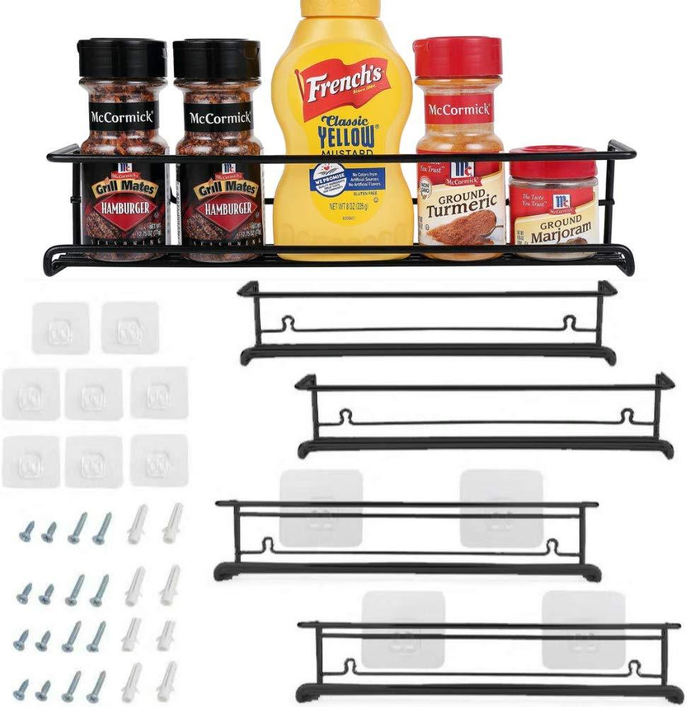 Spice Rack Organizer for Cabinet, Door Mount, or Wall Mounted - Set of 4 Black Hanging Shelf for Spice Jars