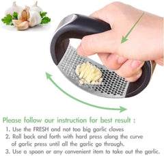 MISSALIS Garlic Press Rocker, Stainless Steel Garlic Mincer Crusher with Comfortable Handle, Safe to Squeeze & Easy Clean, Silicone Garlic Peeler Set Included