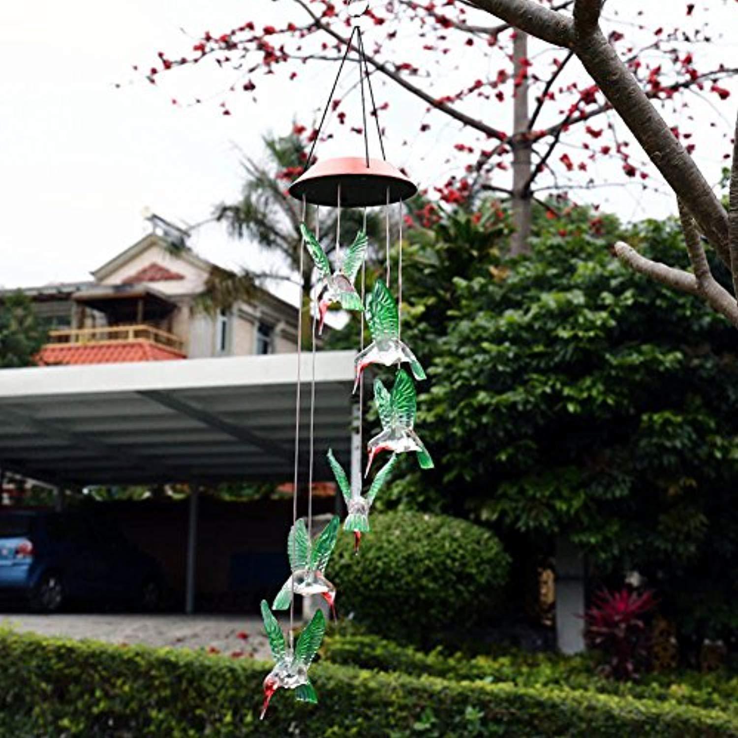 MYSWEETY LED Solar Mobile Wind Chime, Color-Changing Solar Powered LED Hanging Lamp Waterproof Six Hummingbird Wind Chimes for Outdoor Indoor Home Yard Garden Decoration