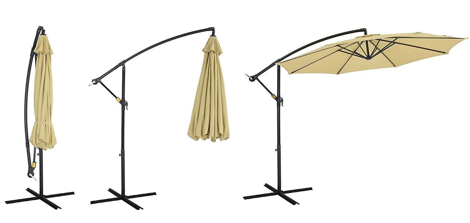 PATIO WATCHER 10ft Offset Cantilever Patio Umbrella Outdoor Market Hanging Umbrella with Crank & Cross Base for Backyard, Garden, Lawn and Pool - Beige