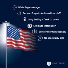 Load image into Gallery viewer, HOME DEPUTY Solar Flag Pole Light - 111 LED Super Bright Solar Light for Flag Pole - Suits most 15-25ft in-ground flag poles with 0.5” diameter Ornament Spindle – Long lasting dusk to dawn Lithium Battery
