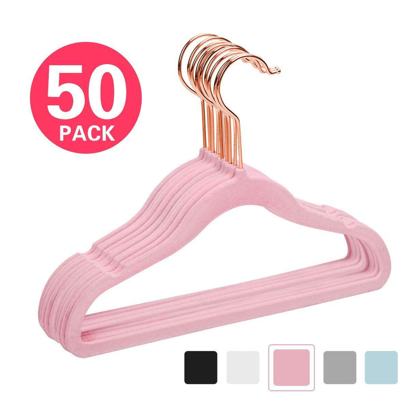 MIZGI Premium Kids Velvet Hangers (Pack of 50) with Copper/Rose Gold Hooks,Space Saving Ultra Thin,Non Slip Hangers use for Children's Skirt Dress Pants,Clothes Hangers by (Pink)