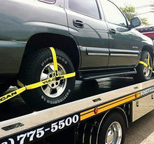 Load image into Gallery viewer, VULCAN High-Viz Adjustable Loop Auto Tie Downs with Snap Hook - 3300 lbs. Safe Working Load, 4 Pack - Easily Trailer Any Car, Truck, SUV, Jeep, Or Sportscar
