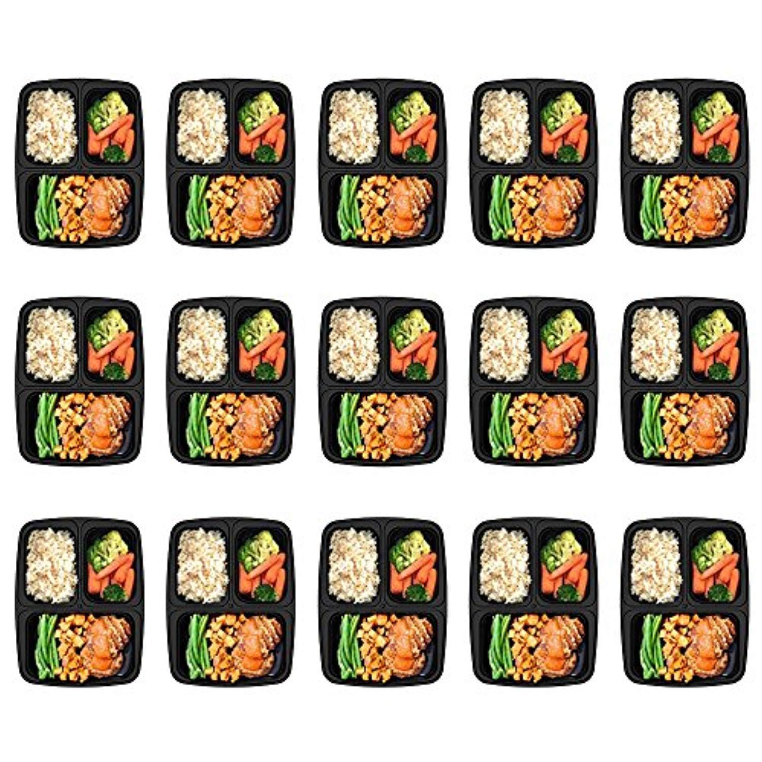 Homgeek 15-Pack Meal Prep Containers 3 Compartment BPA-Free Food Storage Stackable Reusable Microwave Dishwasher & Freezer Safe Bento Lunch Boxes with Airtight Leads for Portion Control
