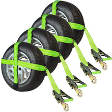 Load image into Gallery viewer, VULCAN High-Viz Adjustable Loop Auto Tie Downs with Snap Hook - 3300 lbs. Safe Working Load, 4 Pack - Easily Trailer Any Car, Truck, SUV, Jeep, Or Sportscar
