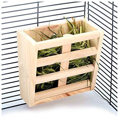 Small Animals Cage Accessories- Rabbit Hay Feeder Rack,Natural Wooden Hay Manger, Hamster Gerbil Rat Lookout Platform Sport Play Exercise Toy