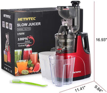 Load image into Gallery viewer, Masticating Juicer Machines, Hethtec Cold Press Juice Extractor with Large Double-Chute and Clean Brush for Fruits and Vegetables, High Yield, BPA-Free, 60R/M, 150W (red-1)
