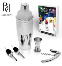 Load image into Gallery viewer, 5 Piece Deluxe 24 Oz. Cocktail Shaker Bar Set by Bar Brat ™ / Bonus 130+ Cocktail Recipes (ebook) / Jigger, 2 Pour Spouts, Waiters Corkscrew/Mix Any Drink to Perfection
