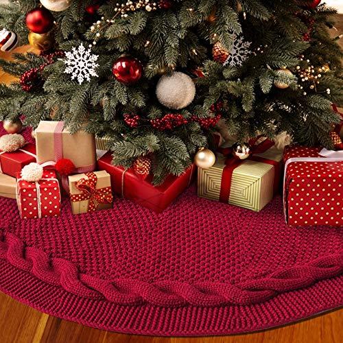 LimBridge Christmas Tree Skirt, 48 inches Cable Knit Knitted Thick Rustic Xmas Holiday Decoration, Burgundy