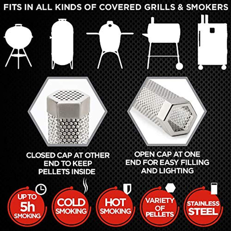 LizzQ 12 inch BBQ & Pellet Smoker Tube - for any Grill or Smoker, Hot or Cold Smoking - Easy, safety and tasty smoking - Hexagon shape - Stainless steel