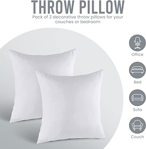 CUTEWIND Throw Pillows Insert (Pack of 2, White) - 16 x 16 Inches Bed and Couch Pillows - Indoor Decorative Pillows