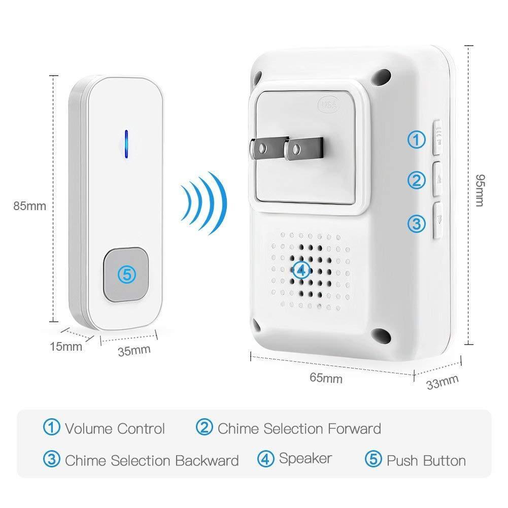Wireless Doorbell ,Waterproof Door Chime Kit with 1 Push Button,1 Plug-in Receiver,55 Melodies ,5 Level Volume，Night Light and LED Indicator Operating at 1000ft for Home Office
