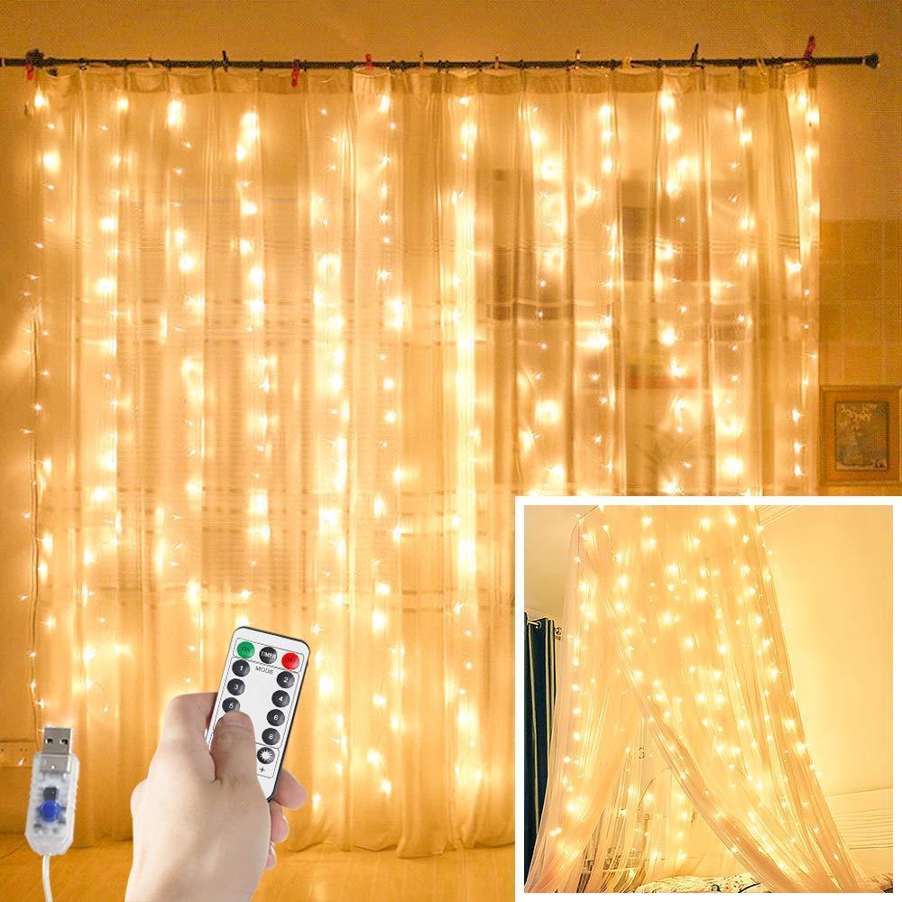 Juhefa Curtain Lights, USB Powered Fairy Lights String,IP64 Waterproof & 8 Modes Twinkle Lights for Parties, Bedroom Wedding,Valentines' Day Wall Decorations (300 LEDs,9.8x9.8Ft, Warm White)