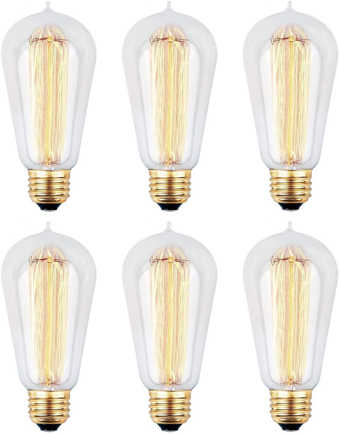 6pcs Edison Bulbs, KinHom 60 Watt Dimmable Vintage Incandescent Light Bulb - E26 Base - Clear Glass - Tear Drop Top - Classic Squirrel Cage Filament Lamp - ST58