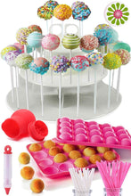 Load image into Gallery viewer, COMPLETE CAKE POP MAKER KIT - Jam packed with silicone cakepop baking mold, 120 lollipop sticks, candy and chocolate melting pot, decorating pen, bags, twist ties &amp; 3-Tier display stand holder
