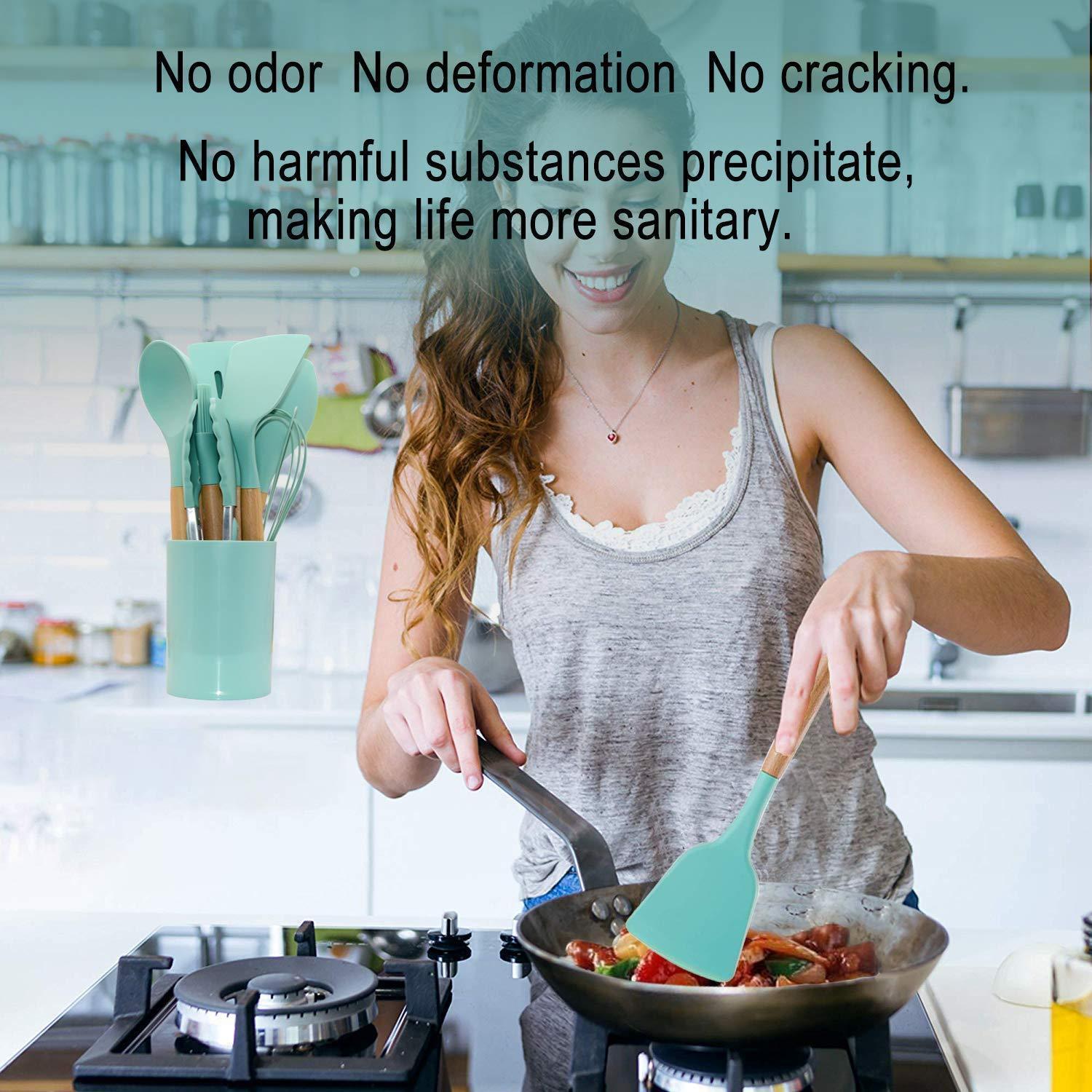 Kitchen Utensil Set Silicone Cooking Utensils, CROSDE 15pcs Kitchen Utensils Set Tools Wooden Handles Spatula Set Cookware Turner Tongs Spatula Spoon Kitchen Gadgets with Holder - Teal