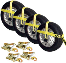 Load image into Gallery viewer, VULCAN High-Viz Adjustable Loop Auto Tie Downs with Snap Hook - 3300 lbs. Safe Working Load, 4 Pack - Easily Trailer Any Car, Truck, SUV, Jeep, Or Sportscar
