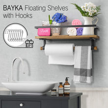 Load image into Gallery viewer, BAYKA Floating Shelf Wall Mounted, Rustic Wood Shelf for Bathroom Kitchen, Decor Storage Shelf with 8 Removable Hooks and Towel Bar
