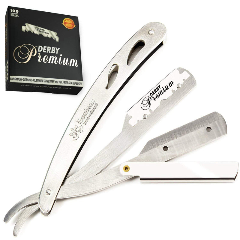 Equinox International Professional Steel Straight Edge Razor with 100 Single Edge Derby Premium Blades by Equinox International - Great for Barbers, Salons, and Hair Enthusiasts