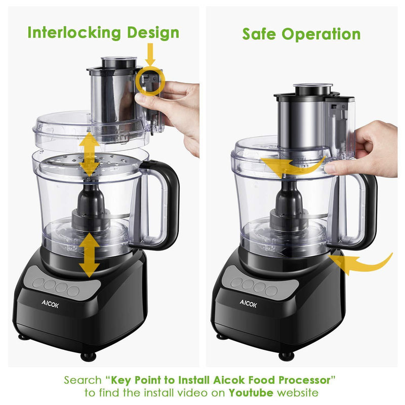 Food Processor 12-Cup, Aicok Multifunction Food processor, 1.8L, 3 Speed Options, 2 Chopping Blades & 1 Disc, Safety Interlocking Design, 500W, Black by Aicok