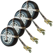 Load image into Gallery viewer, VULCAN High-Viz Adjustable Loop Auto Tie Downs with Snap Hook - 3300 lbs. Safe Working Load, 4 Pack - Easily Trailer Any Car, Truck, SUV, Jeep, Or Sportscar
