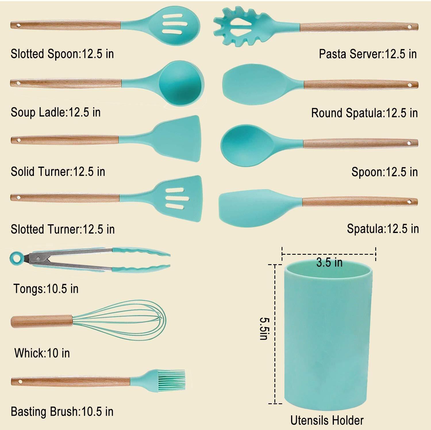 Kitchen Utensil Set Silicone Cooking Utensils, CROSDE 15pcs Kitchen Utensils Set Tools Wooden Handles Spatula Set Cookware Turner Tongs Spatula Spoon Kitchen Gadgets with Holder - Teal