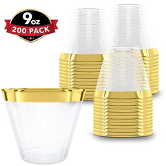 200 Gold Plastic Cups | 9 oz | Hard Disposable Cups | Plastic Wine Cups | Plastic Cocktail Glasses | Plastic Drinking Cups | Bulk Party Cups | Wedding Tumblers | Clear Plastic Cups With Gold Rim by Prestee