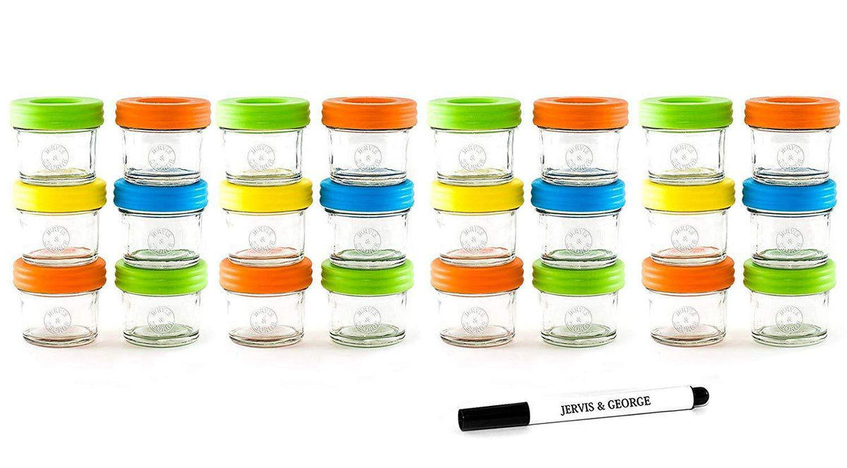 Glass Baby Food Storage Containers - Set contains 12 Small Reusable 4oz Jars with Airtight Lids - Safely Freeze your Homemade Baby Food