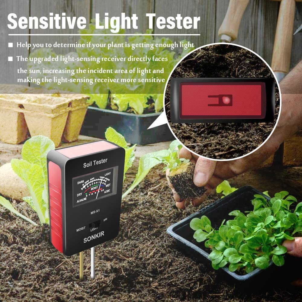 Womtri Soil pH Meter, MS-X1 Upgraded 3-in-1 Soil Moisture/Light/pH Tester Gardening Tool Kits for Plant Care, Great for Garden, Lawn, Farm (Black)