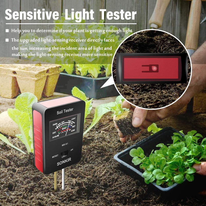 Womtri Soil pH Meter, MS-X1 Upgraded 3-in-1 Soil Moisture/Light/pH Tester Gardening Tool Kits for Plant Care, Great for Garden, Lawn, Farm (Black)