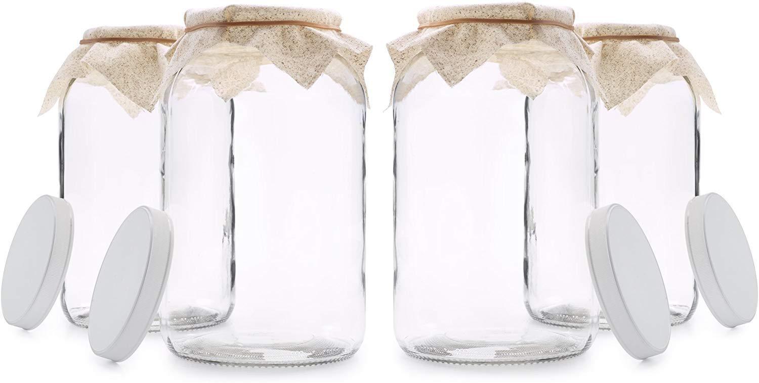 4 Pack - 1 Gallon Glass Jar w/Plastic Airtight Lid, Muslin Cloth, Rubber Band - Wide Mouth Easy Clean - BPA Free & Dishwasher Safe - Kombucha, Kefir, Canning, Sun Tea, Fermentation, Food Storage