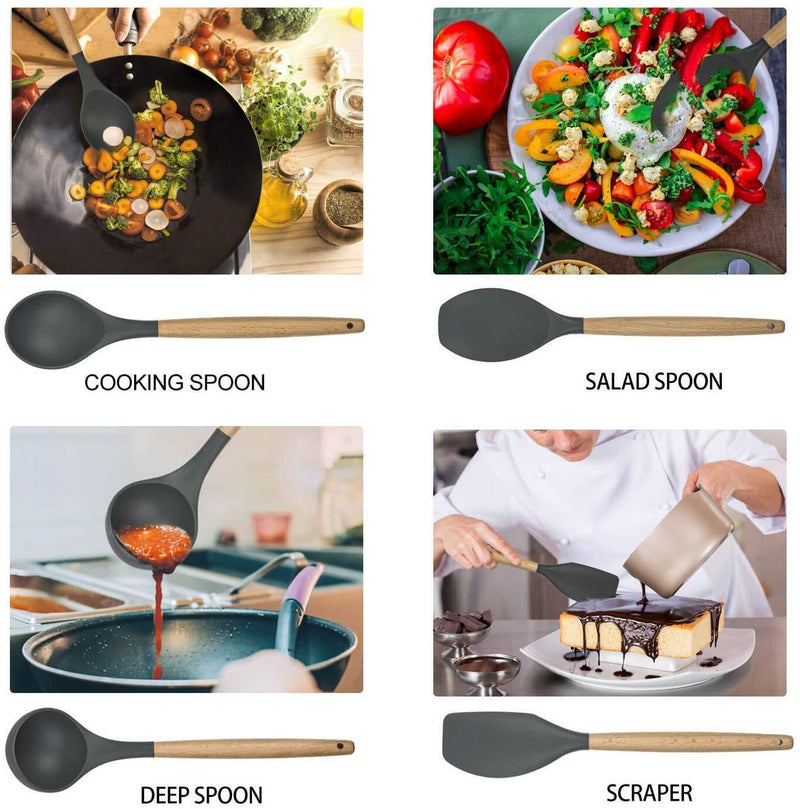 Silicone BPA-Free Cooking Utensils Set - Heat Resistant Silicone Kitchen Utensils with Beech Wooden Handles, Spatula Set, Kitchen Utensil Gadgets