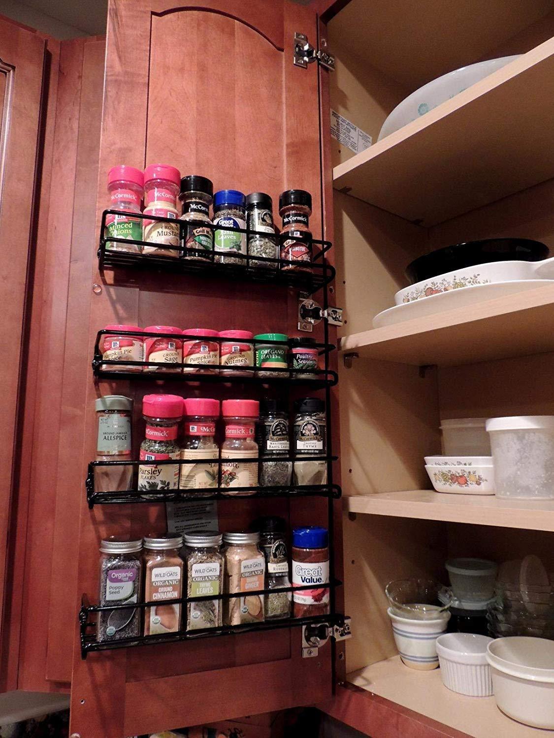 Spice Rack Organizer for Cabinet, Door Mount, or Wall Mounted - Set of 4 Black Hanging Shelf for Spice Jars