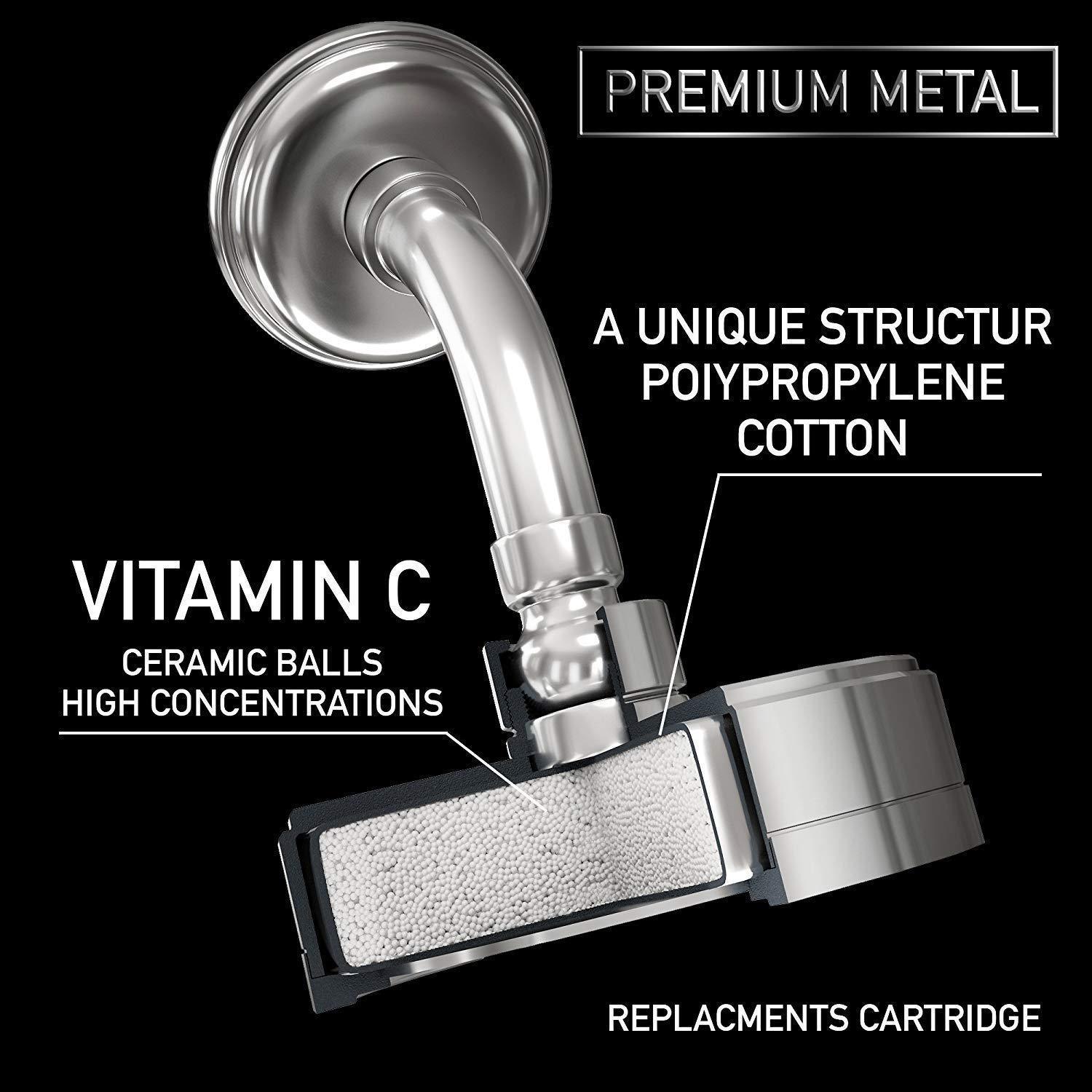 Luxury Filtered Shower Head (Metal) 2 Cartridges Vitamin C + 5 Shower Caps - Reduses Chlorine & Sediments - Consistent Water Pressure - Massage and SPA Effery Shower Head