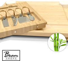 Load image into Gallery viewer, Home Perspective Extra Large Bamboo Cheese Board and Knife Set - Charcuterie Platter Tray Holds 6 Knives, 4 Forks and 2 Ceramic Cups with New Magnetic tray
