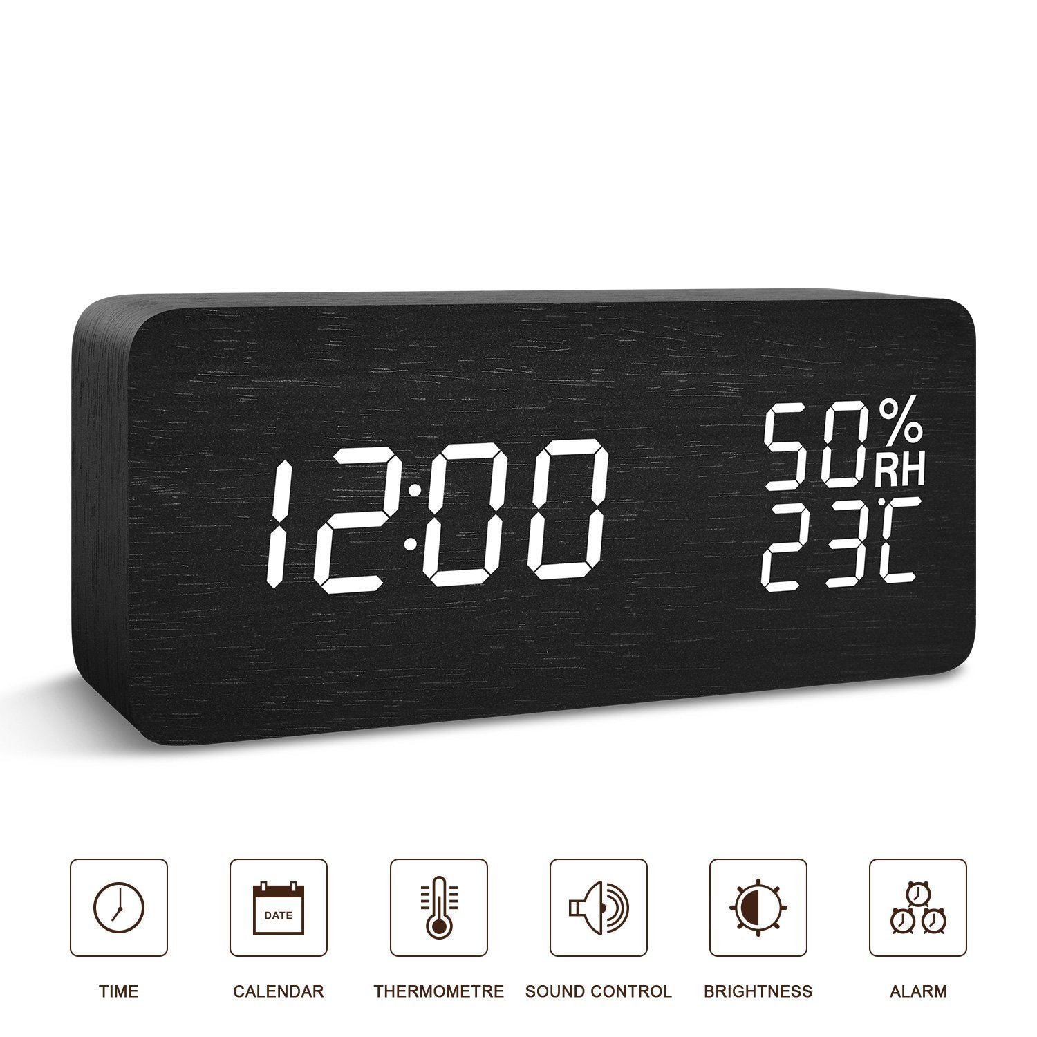 BlaCOG Alarm Clock Digital Desk Wooden Alarm Clock Upgraded with Time Temperature, Adjustable Brightness, 3 Set of Alarm and Voice Control - Bamboo
