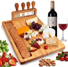 Load image into Gallery viewer, Bamboo Cheese Board Set Charcuterie Platter Serving Meat Board Including 4 Stainless Steel Knife and Serving Utensils for Christmas Wedding Birthday Anniversary
