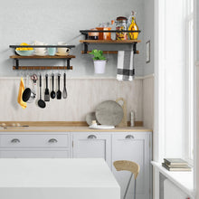 Load image into Gallery viewer, BAYKA Floating Shelf Wall Mounted, Rustic Wood Shelf for Bathroom Kitchen, Decor Storage Shelf with 8 Removable Hooks and Towel Bar
