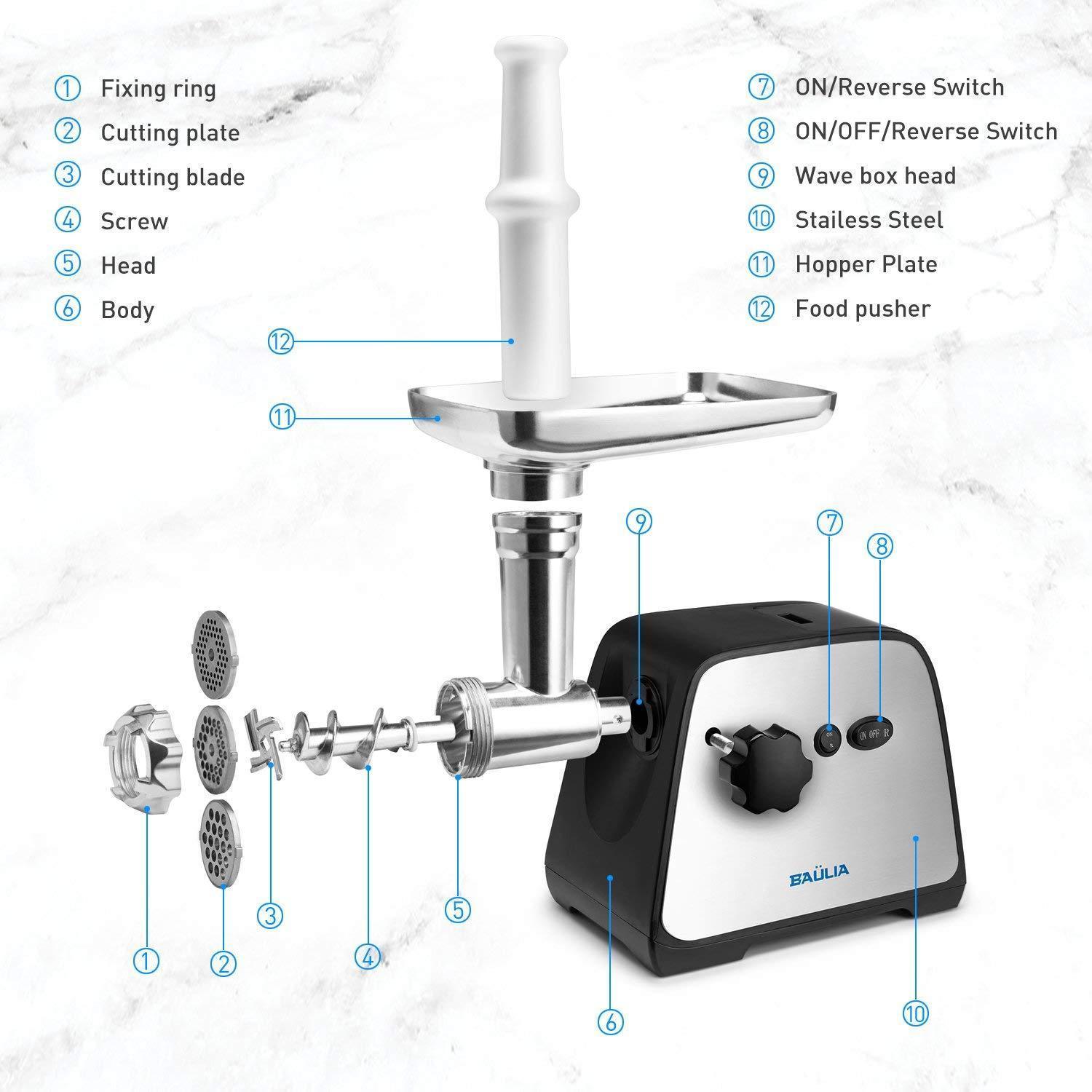 Baulia MG806 Electric Grinder for Home Use, 3 Cutting Blades & Stuffing Tubes, Stainless Steel Meat Mincer for Making Sausages, Chopped Liver, Size #10, Silver
