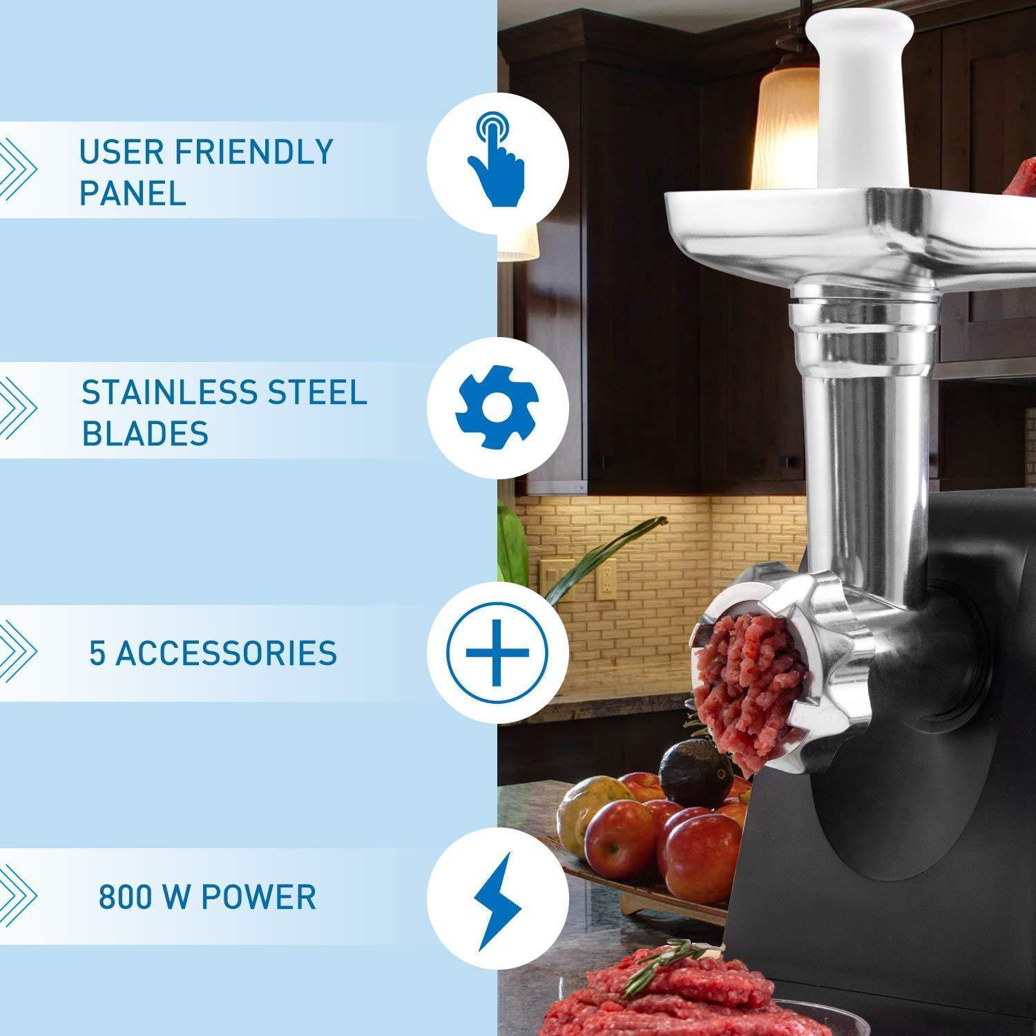 Baulia MG806 Electric Grinder for Home Use, 3 Cutting Blades & Stuffing Tubes, Stainless Steel Meat Mincer for Making Sausages, Chopped Liver, Size #10, Silver